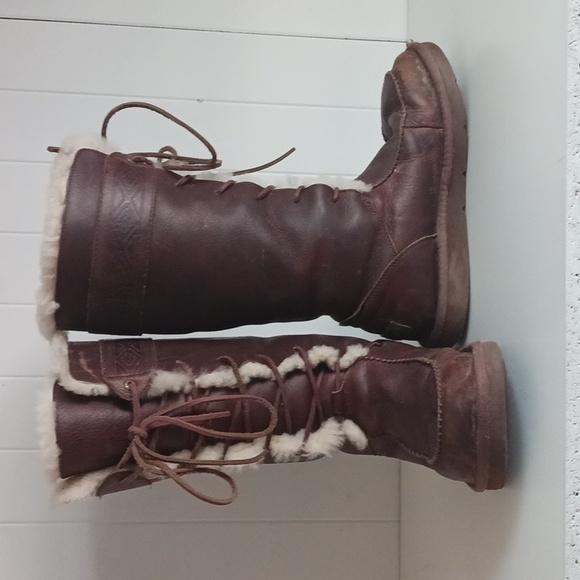 UGG Brown Laced Knee Shearling Lined Boots. - Picture 2 of 10